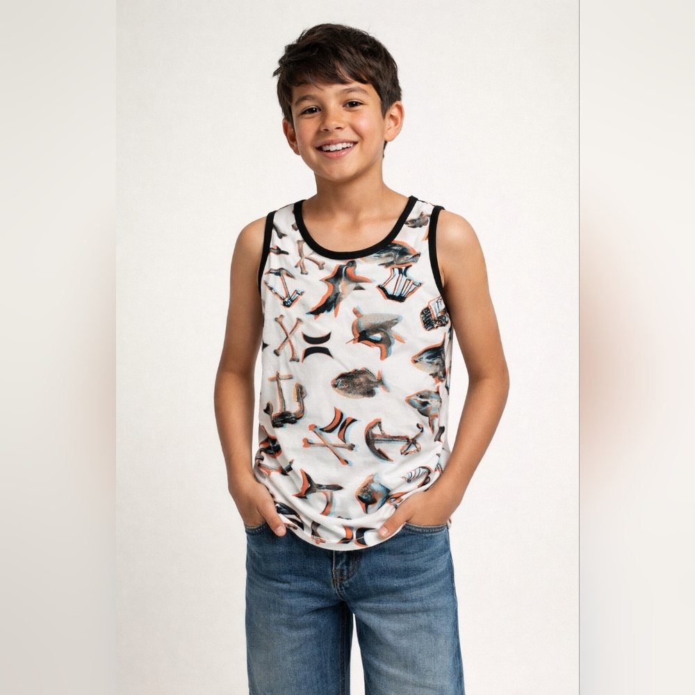 Hurley Boys Tank Top Shark Anchor Skull Graphic White Sleeveless Shirt Youth S